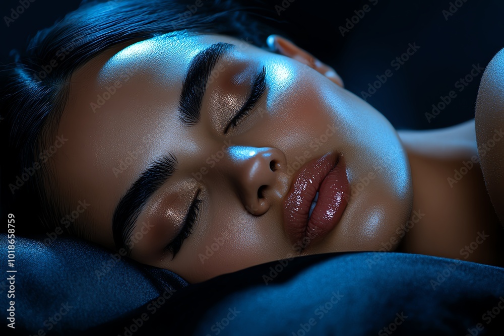 Poster hyper-realistic close-up of a personâ€™s peaceful face as they sleep at night, with the faint glow o
