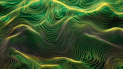 Fototapeta premium Abstract 3D Background with Wavy Green and Gold Lines Creating a Topographic Map Effect