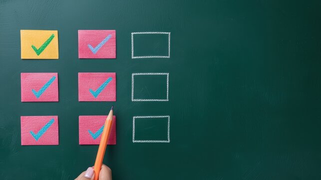 A checklist on a chalkboard features colored boxes, some marked with a green check, while others remain empty, indicating tasks or items to complete.