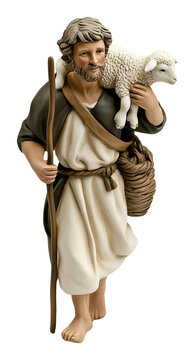 Traditional Santon Figurine of Shepherd Carrying Lamb Isolated on Transparent Background