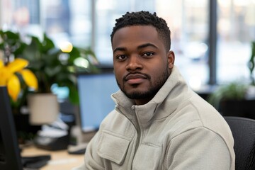 Fototapeta premium Close-up Portrait of a Black Man in a Grey Jacket