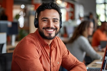 Obraz premium A Smiling Man Wearing Headphones in an Office Setting
