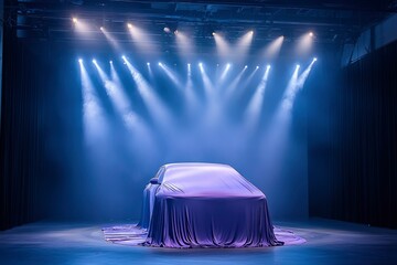 A Car Covered in a Purple Cloth on a Stage with Spotlights