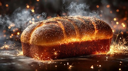 Freshly baked bread loaf on a dark background with steam and sparks.  , free space text, copy space, copy space for text,