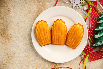 sweet biscuit Madeleine dessert Christmas cookie treat Fresh delicious gourmet food background on the table rustic food top view copy space