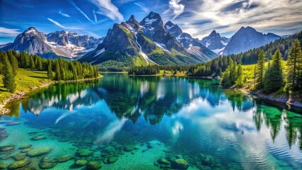 Bird eye view of mountain reflection in clear water with majestic peaks