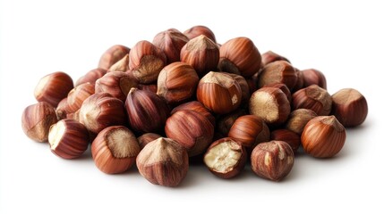 Fototapeta premium A pile of fresh hazelnuts with their smooth, brown shells, scattered neatly on a clean white background.