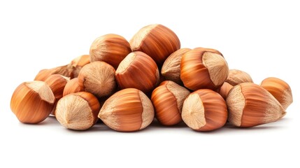 Fototapeta premium A pile of fresh hazelnuts with their smooth, brown shells, scattered neatly on a clean white background.