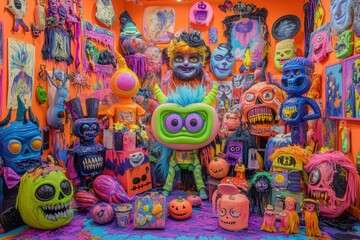 Fototapeta premium Vibrant Halloween art exhibit showcasing surreal sculptures and decorations at twilight