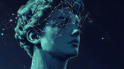 A marble sculpture of a woman's head, with glowing lines and dots forming a constellation over her face against a dark background.