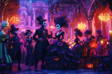 Elegant gothic gathering of characters in a vibrant, candlelit ballroom at twilight