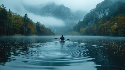 Fototapeta premium A lone SUP boarder paddling through gentle rain on a quiet lake. The raindrops create ripples around the board, with gray skies in the background. 
