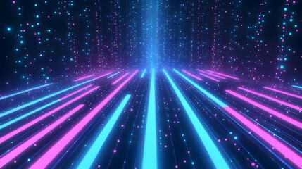 Obraz premium Abstract 3D Digital Neon Lights Background with Glowing Lines and Particles