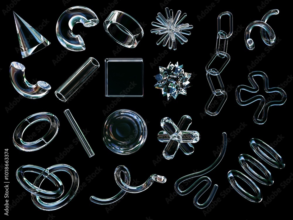 Fototapete 3d rendering of a set of geometric objects, icons, glass elements isolated on a black background.