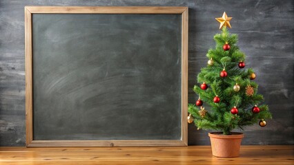 Bird's eye view of a small Christmas tree next to a blank blackboard