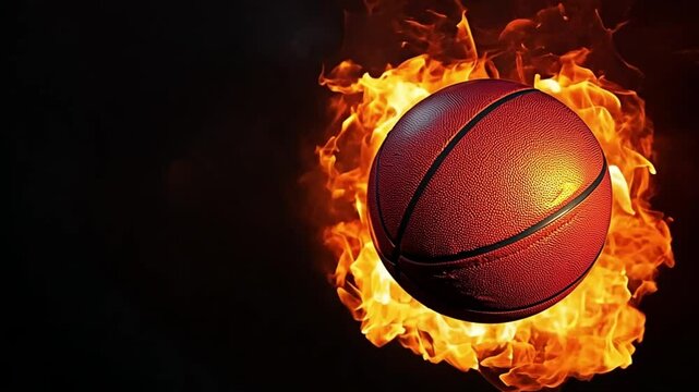 basketball with flames surrounding it on black bac