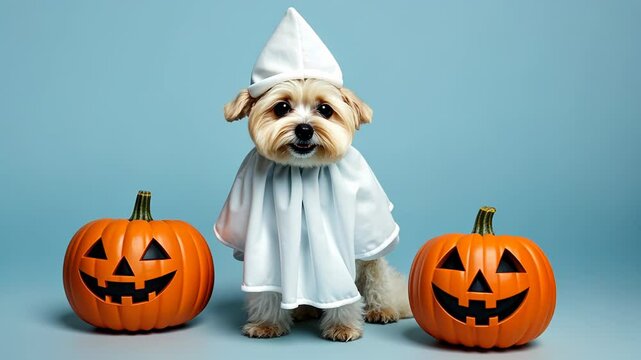 Adorable dog in a ghost costume beside carved pumpkins during Halloween celebration on a blue background
