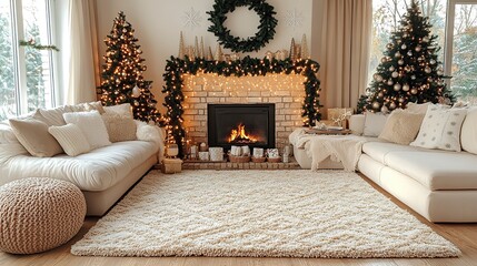 Cozy holiday living room with festive decorations.