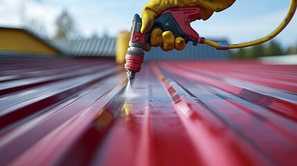 Gloved Hand Holding Spray Gun Applying Liquid to a Metal Roof