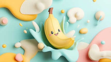 Banana with a playful cartoon face, popping out of a splash of paint, colorful abstract background, bold contrast, 3D product shot, high-energy composition