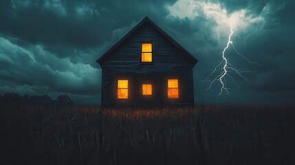 A haunted house with glowing windows in the middle of a storm, lightning striking nearby, horror scene, suspense and fear