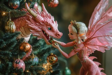 A pink dragon and a fairy joyfully decorate a Halloween tree with sparkling ornaments