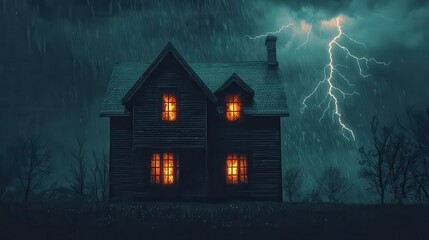 A haunted house with glowing windows in the middle of a storm, lightning striking nearby, horror scene, suspense and fear