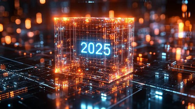 Futuristic digital cube displaying the year 2025 surrounded by glowing circuits and lights