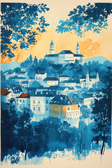 Obraz premium Ljubljana, Slovenia, color wood block print effect. Woodblock printing. Graphic designed, illustration for travel poster, card, wallpaper, backdrop or banner. Modern, clear, artistic and simple