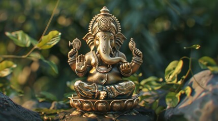 Fototapeta premium A gold statue of ganesh sitting on a rock
