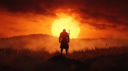 A knight standing at the edge of a battlefield at dawn, preparing for the final charge, epic battle, courage and sacrifice