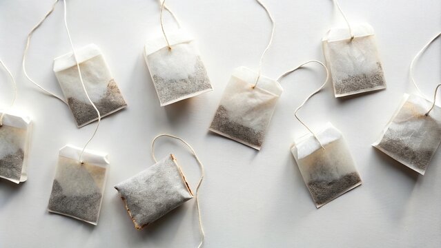 Bird's eye view of tagged teabags with strings on a white surface