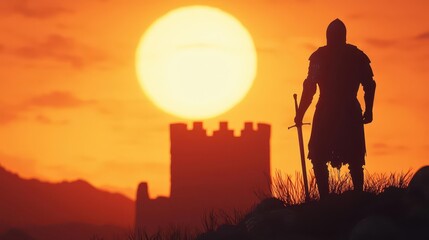 Obraz premium A knight standing guard before a castle gate, the sun setting behind him, medieval protection, loyalty and duty