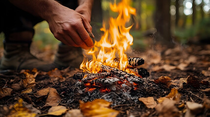 Person Tends a Blazing Campfire in the Autumn Woods