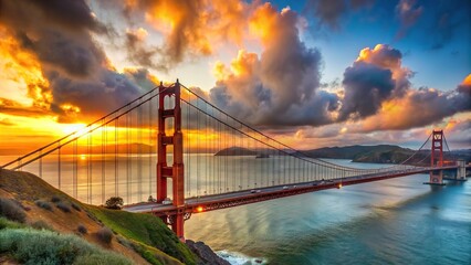 Bird's eye view panorama of Golden Gate Bridge during sunset in San Francisco, California