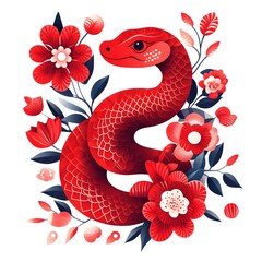 Obraz premium A red snake curled around red flowers with dark green leaves on a white background.