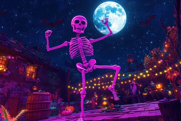 Naklejka premium A vibrant pink skeleton dances joyfully under a glowing full moon in a festive setting