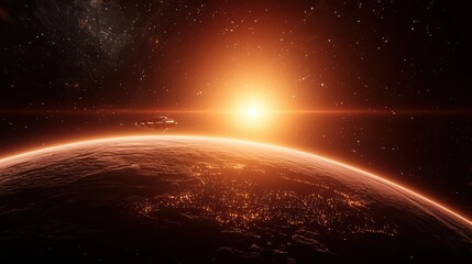 Obraz premium A spaceship breaking through the atmosphere of an alien planet, glowing cities visible below, space exploration, futuristic adventure