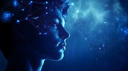 A silhouette of a person's head with glowing lines and dots connecting them, symbolizing the interconnectedness of thoughts and ideas.