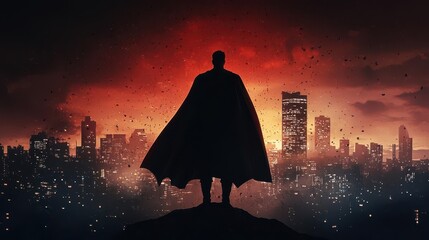 A superhero flying over a city at night, illuminated by the glow of streetlights below, heroic vigilante, protection and justice