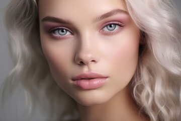 Fototapeta premium Young model's face in daylight. Natural makeup effect of wet skin.