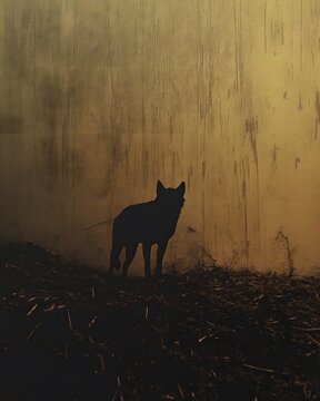 A silhouette of a wolf standing in front of a textured wall.