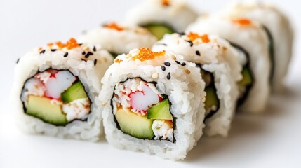 Fresh Sushi Rolls with Colorful Ingredients on White Plate