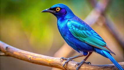 Fototapeta premium Vibrant Cape Starling in Bright Blue Colors Sitting Perched on a Branch