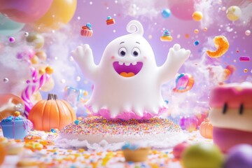Obraz premium A playful ghost delights in a cosmic confectionery wonderland filled with treats