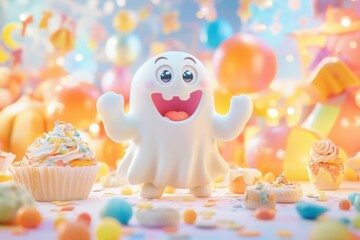 Obraz premium A playful ghost enjoys a cosmic carnival filled with sweets and joy