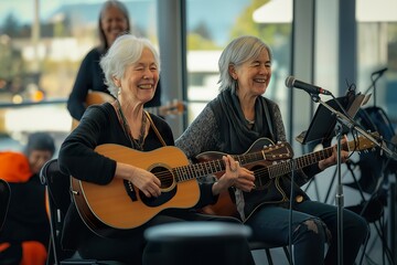 Elderly women performing a joyful acoustic guitar duet at a community gathering in a bright, modern space during a sunny afternoon