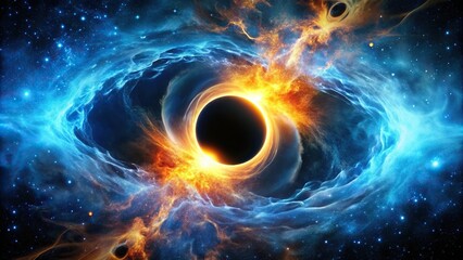 Fototapeta premium Black hole with white and blue flames in outer space forced perspective