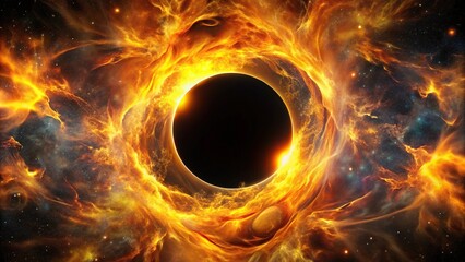 Black hole with yellow flames in space