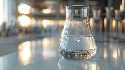 A single Erlenmeyer flask filled with clear liquid sits on a white lab table in a laboratory setting.